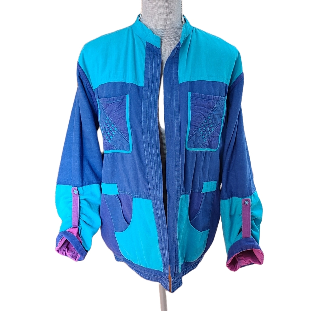 Vintage 90s Reversible Colour Block Patchwork Cotton Jacket